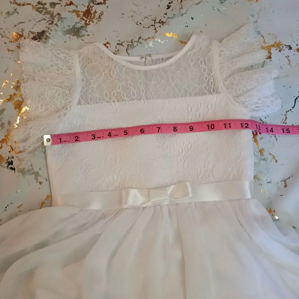 White Flower Girl Polyester Dress size age 6-7Y Zipper back